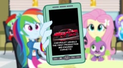 Size: 750x417 | Tagged: safe, edit, edited screencap, screencap, character:fluttershy, character:rainbow dash, character:spike, character:watermelody, species:dog, fanfic:equestria motorsports, my little pony:equestria girls, advertisement, car, chevrolet, chevrolet corvette, corvette, corvette c8, phone, phone screen, rainbow dash phone meme, spike the dog