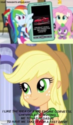 Size: 644x1104 | Tagged: safe, edit, edited screencap, screencap, character:applejack, character:fluttershy, character:rainbow dash, character:spike, character:watermelody, species:dog, fanfic:equestria motorsports, my little pony:equestria girls, captions, car, chevrolet, chevrolet corvette, corvette, corvette c8, dialogue, phone, phone screen, rainbow dash phone meme, spike the dog