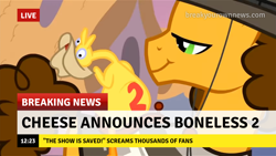 Size: 1280x720 | Tagged: safe, edit, edited screencap, screencap, character:boneless, character:cheese sandwich, species:pony, episode:pinkie pride, g4, my little pony: friendship is magic, boneless 2, break your own news, breaking news, clothing, cowboy hat, despacito 2, hat, poncho