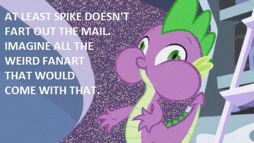 Size: 499x281 | Tagged: safe, edit, edited screencap, screencap, character:spike, species:dragon, episode:friendship is magic, g4, my little pony: friendship is magic, caption, implied farting, male, puffy cheeks, solo, text
