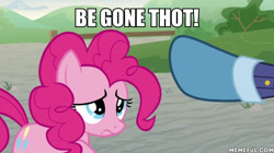 Size: 600x337 | Tagged: safe, edit, edited screencap, screencap, character:pinkie pie, episode:the last laugh, g4, my little pony: friendship is magic, abuse, begone thot, caption, image macro, pinkiebuse, security guard, text