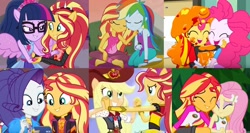 Size: 1584x840 | Tagged: safe, edit, screencap, character:applejack, character:fluttershy, character:pinkie pie, character:rainbow dash, character:rarity, character:sunset shimmer, character:twilight sparkle, character:twilight sparkle (scitwi), species:eqg human, episode:festival filters, episode:the art of friendship, eqg summertime shorts, equestria girls:dance magic, equestria girls:forgotten friendship, equestria girls:legend of everfree, g4, my little pony: equestria girls, my little pony:equestria girls, spoiler:eqg series (season 2), spoiler:eqg specials, clothing, moments, scitwilicorn, wake up!: rainbow dash