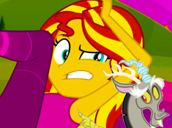 Size: 992x739 | Tagged: safe, edit, edited screencap, screencap, character:discord, character:sunset shimmer, species:draconequus, episode:wake up!, g4, my little pony: equestria girls, my little pony:equestria girls, spoiler:eqg series (season 2), armpit tickling, armpits, cropped, female, male, tickling, wake up!: rainbow dash