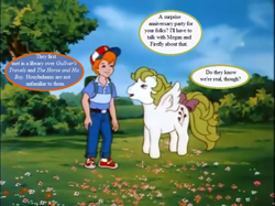Size: 771x576 | Tagged: safe, edit, edited screencap, screencap, character:danny williams, character:surprise, episode:the great rainbow caper, g1, my little pony 'n friends, adoraprise, baseball cap, bow, cap, clothing, cute, dannybetes, dialogue, gulliver's travels, hat, implied firefly, implied megan, misspelling, narnia, speech bubble, tail bow, tree