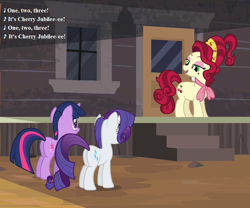 Size: 864x720 | Tagged: safe, edit, edited screencap, screencap, character:cherry jubilee, character:rarity, character:twilight sparkle, episode:the last roundup, g1, g4, my little pony: friendship is magic, cherries jubilee's song, clothing, cropped, dodge junction, g1 to g4, generation leap, lyrics, plot, scarf, seven songs and a story, song reference, text