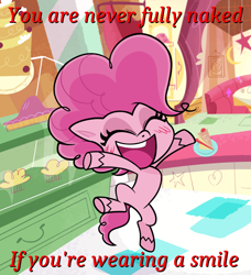 Size: 1200x1318 | Tagged: safe, edit, edited screencap, screencap, character:pinkie pie, species:earth pony, species:pony, my little pony:pony life, caption, cheering, cropped, cute, diapinkes, excited, eyes closed, female, happy, hooves up, jumping, open mouth, smiling, solo, teeth, text, we don't normally wear clothes