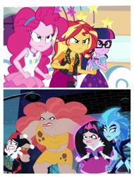 Size: 3106x4096 | Tagged: safe, edit, screencap, character:pinkie pie, character:sunset shimmer, character:twilight sparkle, character:twilight sparkle (scitwi), species:eqg human, equestria girls:rollercoaster of friendship, g4, my little pony: equestria girls, my little pony:equestria girls, dc superhero girls, giganta, harley quinn, livewire, star sapphire