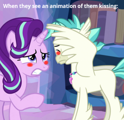 Size: 404x391 | Tagged: safe, edit, edited screencap, screencap, character:starlight glimmer, character:terramar, species:alicorn, species:hippogriff, species:pony, episode:student counsel, blushing, covering eyes, cropped, duo, female, hiding behind wing, implied shipping, implied terralight, male, reaction image, shipping, straight, terralight, wing open, wings