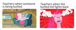 Size: 1929x767 | Tagged: safe, edit, edited screencap, screencap, character:fluttershy, character:pinkie pie, episode:one bad apple, episode:the last roundup, g4, my little pony: friendship is magic, angry, angry face, bully, bullying, meme, reading, real life scenery, sad but true, teacher