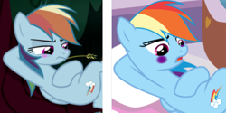 Size: 467x233 | Tagged: safe, edit, edited screencap, screencap, character:mean rainbow dash, character:rainbow dash, species:pegasus, species:pony, derpibooru, episode:the mean 6, g4, my little pony: friendship is magic, blushing, clone, comparison, cropped, female, forest background, lesbian, mare, meta, on back, spa, straw in mouth, tree, tree branch