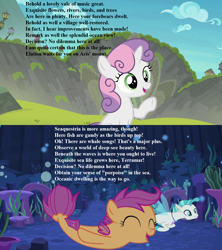 Size: 1280x1440 | Tagged: safe, edit, edited screencap, screencap, character:scootaloo, character:sweetie belle, character:terramar, species:pegasus, species:pony, species:seapony (g4), episode:surf and/or turf, g4, my little pony: friendship is magic, acrostic, cute, cutealoo, diasweetes, harmonizing heights, misspelling, necklace, poem, seaponified, seapony scootaloo, seaquestria, shoo be doo, species swap, terrabetes