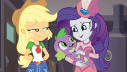 Size: 1920x1080 | Tagged: safe, edit, edited screencap, screencap, character:applejack, character:rarity, character:spike, character:spike (dog), species:dog, ship:rarijack, episode:rarity investigates: the case of the bedazzled boot, g4, my little pony: equestria girls, my little pony:equestria girls, clothing, dress, female, hat, jewelry, lesbian, necklace, shipping