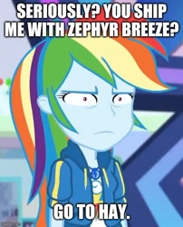 Size: 500x619 | Tagged: safe, edit, edited screencap, screencap, character:rainbow dash, equestria girls:holidays unwrapped, g4, my little pony: equestria girls, my little pony:equestria girls, spoiler:eqg series (season 2), caption, cropped, faec, female, geode of super speed, image macro, implied zephyr breeze, magical geodes, meme, rainbow dash is best facemaker, rainbow dash is not amused, shipping denied, solo, special eyes, text, tiny pupils, unamused