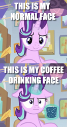 Size: 409x775 | Tagged: safe, edit, edited screencap, screencap, character:starlight glimmer, episode:marks for effort, g4, my little pony: friendship is magic, :i, caption, coffee, cropped, floppy ears, i mean i see, image macro, levitation, magic, telekinesis, text