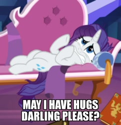 Size: 972x1000 | Tagged: safe, edit, edited screencap, screencap, character:rarity, species:pony, species:unicorn, episode:dragon dropped, g4, my little pony: friendship is magic, book, bronybait, caption, cropped, cute, darling, faec, fainting couch, female, hug request, image macro, lying down, mare, marshmelodrama, messy mane, raribetes, rarity being rarity, sad, sadorable, solo, text
