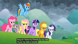 Size: 1920x1080 | Tagged: safe, edit, edited screencap, screencap, character:applejack, character:fluttershy, character:pinkie pie, character:rainbow dash, character:rarity, character:spike, character:twilight sparkle, character:twilight sparkle (alicorn), species:alicorn, species:dragon, species:pony, episode:the ending of the end, g4, my little pony: friendship is magic, braille, caption, mane seven, mane six, meme, winged spike, youtube caption