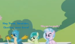 Size: 109x65 | Tagged: safe, edit, edited screencap, screencap, character:gallus, character:sandbar, character:silverstream, species:griffon, species:hippogriff, species:pony, episode:2-4-6 greaaat, 8-bit, arms in the air, breaking the fourth wall, caption, cropped, hoof in air, image macro, looking at someone, low res image, photo, picture for breezies, sitting, stadium, text