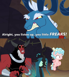 Size: 2000x2246 | Tagged: safe, edit, edited screencap, screencap, character:cozy glow, character:grogar, character:lord tirek, character:queen chrysalis, species:centaur, species:changeling, species:pegasus, species:pony, species:ram, species:sheep, episode:frenemies, g4, my little pony: friendship is magic, abuse, angry, beard, bow, caption, changeling queen, chrysabuse, clenched teeth, cozybuse, crown, cutie mark, evil lair, eyebrows, facial hair, fangs, female, filly, grogar's lair, horn, horns, image macro, jewelry, lair, legion of doom, leopold, male, meme, nervous, nose piercing, nose ring, piercing, quote, reference, regalia, scared, shackles, text, the simpsons, tirekabuse, wings
