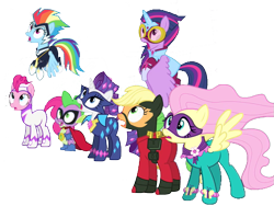 Size: 823x620 | Tagged: safe, edit, edited screencap, screencap, character:applejack, character:fili-second, character:fluttershy, character:humdrum, character:masked matter-horn, character:mistress marevelous, character:pinkie pie, character:radiance, character:rainbow dash, character:rarity, character:saddle rager, character:spike, character:twilight sparkle, character:twilight sparkle (alicorn), character:zapp, species:alicorn, species:pony, episode:power ponies, g4, my little pony: friendship is magic, background removed, looking up, mane seven, mane six, not a vector, simple background, surprised, transparent background, worried