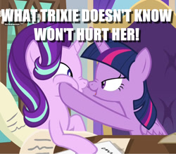 Size: 1227x1073 | Tagged: safe, edit, edited screencap, screencap, character:starlight glimmer, character:twilight sparkle, character:twilight sparkle (alicorn), species:alicorn, species:pony, episode:the beginning of the end, g4, my little pony: friendship is magic, caption, cropped, image macro, implied infidelity, implied lesbian, implied shipping, implied startrix, implied twistarlight, scroll, shipping, text