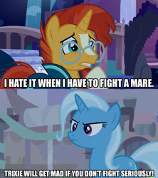 Size: 1280x1440 | Tagged: safe, edit, edited screencap, screencap, character:sunburst, character:trixie, species:pony, species:unicorn, episode:on the road to friendship, episode:student counsel, caption, female, image macro, male, meme, text, trixie yells at everything