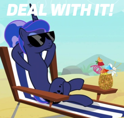 Size: 348x331 | Tagged: safe, edit, edited screencap, screencap, character:princess luna, species:alicorn, species:pony, episode:between dark and dawn, g4, my little pony: friendship is magic, alternate hairstyle, barehoof, beach, beach chair, caption, cropped, crossed legs, deal with it, drink, eyelashes, eyes closed, eyeshadow, female, hair bun, hooves behind head, image macro, makeup, mare, meme, reclining, relaxing, sitting, smiling, solo, sunglasses, tail bun, text, we don't normally wear clothes