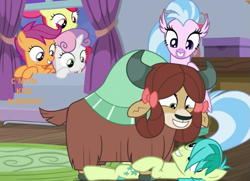 Size: 701x508 | Tagged: safe, edit, edited screencap, screencap, character:apple bloom, character:sandbar, character:scootaloo, character:silverstream, character:sweetie belle, character:yona, species:earth pony, species:hippogriff, species:pegasus, species:pony, species:unicorn, species:yak, ship:yonabar, episode:school raze, g4, my little pony: friendship is magic, bedroom, caption, cropped, cute, female, hair over one eye, hanging on, happy, in love, just kiss already, looking at each other, lying down, male, monkey swings, peeking, raised hoof, shipper on deck, shipping, straight, yonadorable