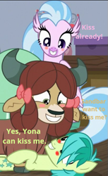 Size: 319x522 | Tagged: safe, edit, edited screencap, screencap, character:sandbar, character:silverstream, character:yona, species:hippogriff, species:pony, species:yak, ship:yonabar, episode:school raze, g4, my little pony: friendship is magic, bedroom, blush sticker, blushing, bow, caption, chat, cloven hooves, cropped, female, hair bow, hair over one eye, happy, just kiss already, looking at each other, lying down, male, monkey swings, shipper on deck, shipping, straight, trio