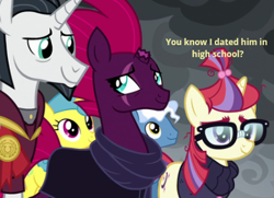 Size: 388x281 | Tagged: safe, edit, edited screencap, screencap, character:chancellor neighsay, character:lemon hearts, character:moondancer, character:pokey pierce, character:tempest shadow, species:pony, episode:the ending of the end, g4, my little pony: friendship is magic, my little pony: the movie (2017), asking, broken horn, caption, close-up, dating, horn, i ship it, just kiss already, looking at each other, looking at someone, meme, ponies standing next to each other, question, scar, tempest neighsay
