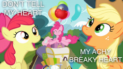 Size: 750x422 | Tagged: safe, edit, edited screencap, screencap, character:apple bloom, character:applejack, character:pinkie pie, episode:pinkie apple pie, g4, my little pony: friendship is magic, achy breaky heart, apples to the core, billy ray cyrus, caption, song reference
