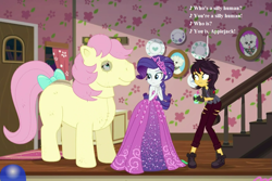 Size: 1053x702 | Tagged: safe, edit, edited screencap, screencap, character:applejack, character:fluttershy, character:posey, character:rarity, character:sunset shimmer, episode:costume conundrum, g1, g4, my little pony: equestria girls, my little pony:equestria girls, spoiler:eqg series (season 2), bow, bulk biceps' home, costume conundrum: applejack, cropped, fake fangs, g1 to g4, generation leap, horse costume, photo, quadsuit, ripped pants, seven songs and a story, silly, silly pony, song reference, tail bow, vampire shimmer, who's a silly pony, wooyoo