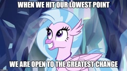 Size: 888x499 | Tagged: safe, edit, edited screencap, screencap, character:silverstream, species:classical hippogriff, species:hippogriff, episode:what lies beneath, g4, my little pony: friendship is magic, aang, avatar the last airbender, caption, female, grin, image macro, jewelry, meme, nightmare cave, smiling, solo, spread wings, text, the legend of korra, wings