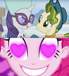 Size: 828x906 | Tagged: safe, edit, edited screencap, screencap, character:pinkie pie, character:pistachio, character:rarity, species:pony, species:unicorn, episode:best gift ever, episode:coinky-dink world, eqg summertime shorts, g4, my little pony: equestria girls, my little pony: friendship is magic, my little pony:equestria girls, female, heart eyes, male, meme, pinkie's eyes, raristachio, shipping, straight, wingding eyes