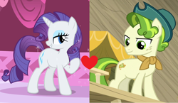 Size: 1238x720 | Tagged: safe, edit, edited screencap, screencap, character:pistachio, character:rarity, episode:best gift ever, episode:green isn't your color, g4, my little pony: friendship is magic, female, male, raristachio, shipping, shipping domino, straight