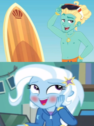 Size: 440x586 | Tagged: safe, edit, edited screencap, screencap, character:trixie, character:zephyr breeze, episode:blue crushed (a.k.a baewatch), equestria girls:forgotten friendship, g4, my little pony: equestria girls, my little pony:equestria girls, blushing, female, male, shipping, shipping domino, straight, trixbreeze