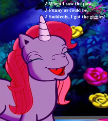 Size: 512x576 | Tagged: safe, edit, edited screencap, screencap, character:cheerilee (g3), episode:come back lily lightly, g3, cheeribetes, cropped, cute, flower, get the giggles, laughing, lyrics, reaction image, song reference, text