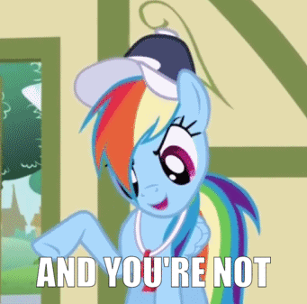 Size: 341x337 | Tagged: safe, edit, edited screencap, screencap, character:rainbow dash, episode:flight to the finish, g4, my little pony: friendship is magic, animated, caption, cropped, female, gif, image macro, solo, text