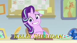 Size: 1920x1080 | Tagged: safe, edit, edited screencap, screencap, character:starlight glimmer, species:pony, species:unicorn, episode:student counsel, awkward smile, bracelet, female, floppy ears, food, inkwell, jewelry, kelly sheridan, looking at you, mare, photo, sitting, solo, starlight's office, text, too many cooks