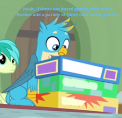 Size: 257x249 | Tagged: safe, edit, edited screencap, screencap, character:gallus, character:sandbar, species:earth pony, species:griffon, species:pony, spoiler:interseason shorts, board game, box, caption, closed wing, cropped, duo, hasbro gaming, looking down, meme, sitting, talking to himself, teacher of the month (episode), thinking