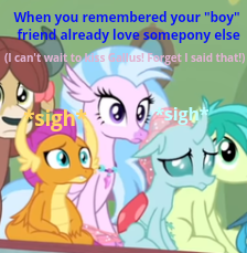 Size: 224x229 | Tagged: safe, edit, edited screencap, screencap, character:gallus, character:ocellus, character:sandbar, character:silverstream, character:smolder, character:yona, species:changedling, species:dragon, species:earth pony, species:griffon, species:hippogriff, species:pony, species:yak, spoiler:interseason shorts, breaking the fourth wall, caption, cropped, feeling down, frown, implied gallstream, implied rarity, implied shipping, implied sparity, implied spike, implied straight, implied yonabar, meme, picture for breezies, quotation marks, quote, sad, sigh, sitting, student six, talking to herself, talking to viewer, teacher of the month (episode)