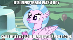 Size: 888x499 | Tagged: safe, edit, edited screencap, screencap, character:silverstream, species:classical hippogriff, species:hippogriff, episode:student counsel, caleb hyles, caption, female, image macro, implied greyriver, implied rule 63, meme, quadrupedal, solo, text, voice actor idea