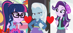Size: 1420x646 | Tagged: safe, edit, edited screencap, screencap, character:starlight glimmer, character:trixie, character:twilight sparkle, character:twilight sparkle (scitwi), species:eqg human, ship:startrix, ship:twixie, episode:rarity investigates: the case of the bedazzled boot, equestria girls:holidays unwrapped, equestria girls:mirror magic, g4, my little pony: equestria girls, my little pony:equestria girls, spoiler:eqg series (season 2), spoiler:eqg specials, female, lesbian, polyamory, sci-twixie, shipping, shipping domino, twixstar
