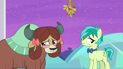 Size: 2063x1161 | Tagged: safe, edit, edited screencap, screencap, character:sandbar, character:yona, species:earth pony, species:pony, species:yak, ship:yonabar, episode:she's all yak, g4, my little pony: friendship is magic, blushing, bow tie, christmas, female, hearth's warming, heartwarming, holiday, holly, holly mistaken for mistletoe, male, mistleholly, now kiss, shipping, shy, smiling, straight, this will end in kisses, treehouse of harmony