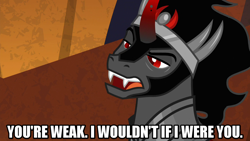Size: 1280x720 | Tagged: safe, edit, edited screencap, screencap, character:king sombra, species:pony, species:unicorn, episode:the beginning of the end, g4, my little pony: friendship is magic, caption, curved horn, horn, image macro, jewelry, male, meme, regalia, solo, stallion, text