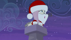 Size: 1280x720 | Tagged: safe, edit, edited screencap, screencap, character:fluttershy, species:pegasus, species:pony, episode:the cutie map, g4, my little pony: friendship is magic, chimney, christmas, clothing, costume, dirty, fake beard, female, fluttersoot, hat, holiday, mare, night, open mouth, santa beard, santa claus, santa costume, santa hat, solo, soot