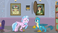 Size: 1280x720 | Tagged: safe, edit, edited screencap, screencap, character:gallus, character:silverstream, species:classical hippogriff, species:griffon, species:hippogriff, species:yak, episode:a matter of principals, g4, my little pony: friendship is magic, amulet, amulet of aurora, aurora (character), beak, beakless, bookshelf, bust, cartoon physics, chair, crown, crown of grover, duo, got your nose, helm of yickslur, helmet, implied king grover, jewelry, library, modular, no mouth, open beak, painting, portrait, regalia, school of friendship, story included, yickslur