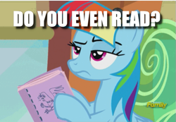 Size: 511x353 | Tagged: safe, edit, edited screencap, screencap, character:rainbow dash, species:pegasus, species:pony, episode:the lost treasure of griffonstone, g4, my little pony: friendship is magic, annoyed, caption, cropped, discovery family logo, do you even lift, female, image macro, manebow sparkle, mare, meme, solo, text