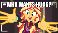 Size: 600x338 | Tagged: safe, edit, edited screencap, screencap, character:sunset shimmer, episode:how to backstage, g4, my little pony: equestria girls, my little pony:equestria girls, spoiler:eqg series (season 2), arms wide open, bronybait, caption, female, hug request, hugs?, image macro, outstretched arms, solo, text
