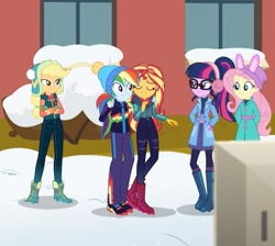 Size: 870x778 | Tagged: safe, edit, screencap, character:applejack, character:fluttershy, character:rainbow dash, character:sunset shimmer, character:twilight sparkle, character:twilight sparkle (scitwi), species:eqg human, equestria girls:holidays unwrapped, g4, my little pony: equestria girls, my little pony:equestria girls, spoiler:eqg series (season 2), blizzard or bust, clothing, earmuffs, eyes closed, female, glasses, school, snow, winter, winter outfit