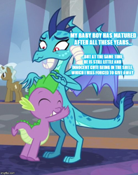 Size: 500x635 | Tagged: safe, edit, edited screencap, screencap, character:princess ember, character:spike, species:dragon, species:pony, episode:school daze, g4, my little pony: friendship is magic, baby, baby dragon, background pony, caption, claws, clever musings, cropped, cute, dragoness, ember is spike's mother, eyes closed, female, friendship student, headcanon, hug, image macro, immature mother, male, mother and son, smiling, spread wings, tail, text, toes, wings